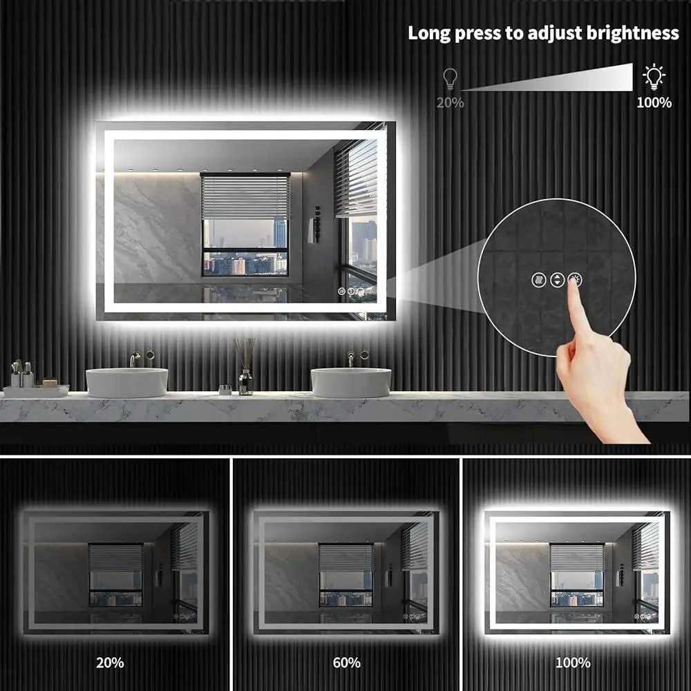Anti-Fog Dimmable LED Bathroom Mirror Backlit Front Lit Memory Function Touch Control Vanity Mirror 40X32 Rectangular