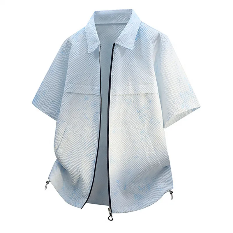 

Men's Summer Short Sleeve Zipper Casual Shirts Tie-Dye Printed Loose Turn Down Collar Y2K Blouse Plus Size M-8XL