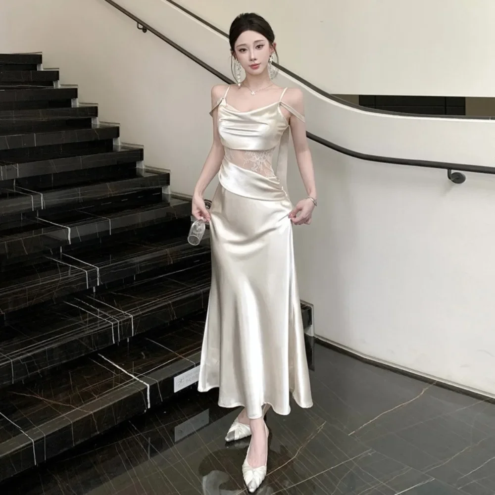 Elegant Mermaid Hem Satin Dress with Lace Backless Design for Women Slim Fit Party Wear
