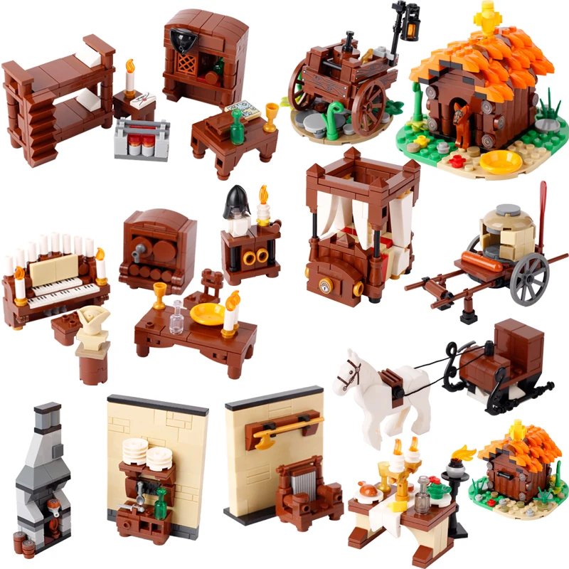 MOC Medieval Military Building Blocks Castle Street View Furniture Bedroom Restaurant kitchen Sled Horse Oven Weapons Bricks Toy