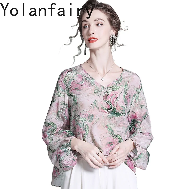 

YOLANFAIRY 100% Real Mulberry Silk Blouse for Woman Autumn Elegant Printed Long Sleeve Shirts Luxury 2025 Ladies Tops Blouses