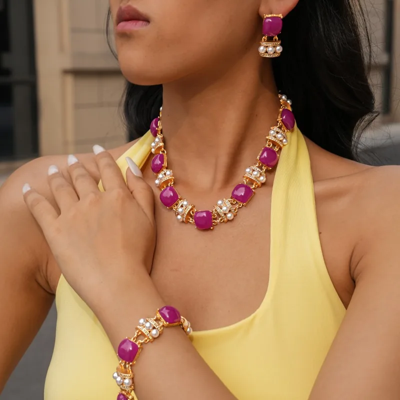 Conjunto de Joyería de Perlas y Gemas Fucsia, Collar, Aretes y Brazalete, Chapado en Oro, para Mujer, Adornos para Bodas y Fiestas
