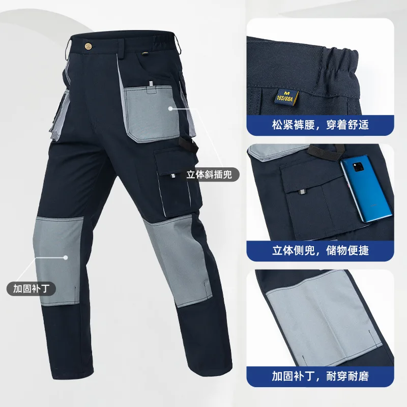 Men Straight Work Cargo Pants Reinforced Knee Pad MultiPockets Wear Resistant Fabric Utility Trousers For Construction Workshop