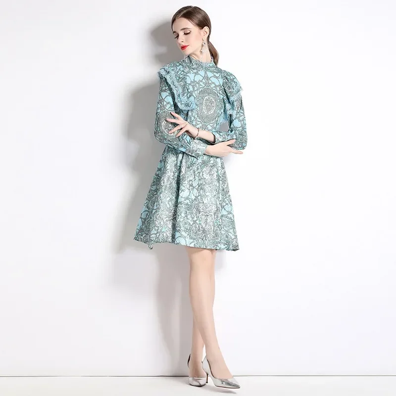 Good QualityAutumn New Fashion Slim Printing Long Sleeve Printed Long Skirt A-line Skirt Stand Collar Dress