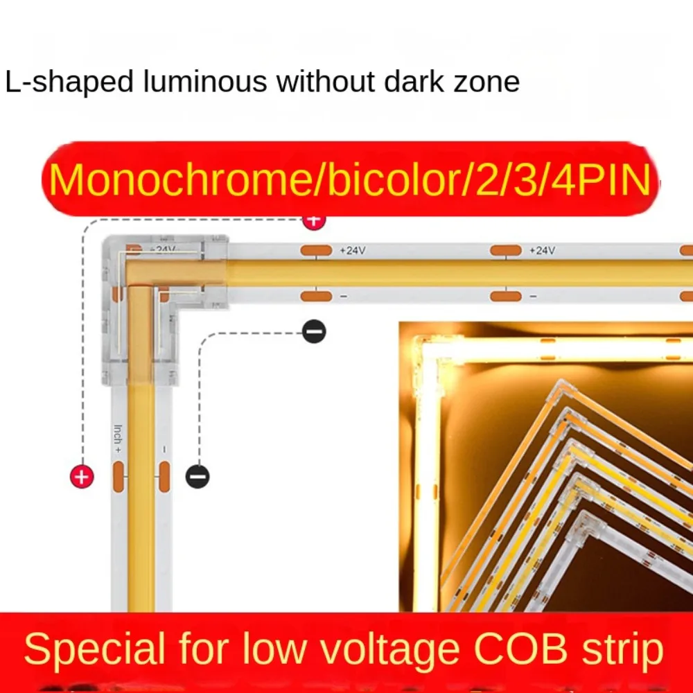 COB LED Connectors 90 Degree L Shape Corner 5/8/10mm Solderless For CCT FCOB RGB Strip Lights 2/3/4 Pin Connector Strip to Strip