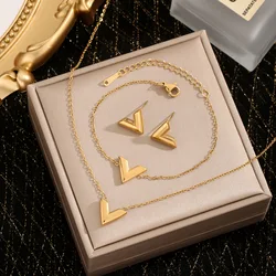 316L Stainless Steel New Fashion Upscale Jewelry Minimalism V Shape Charms Chain Choker Necklaces Bracelets Earrings For Women