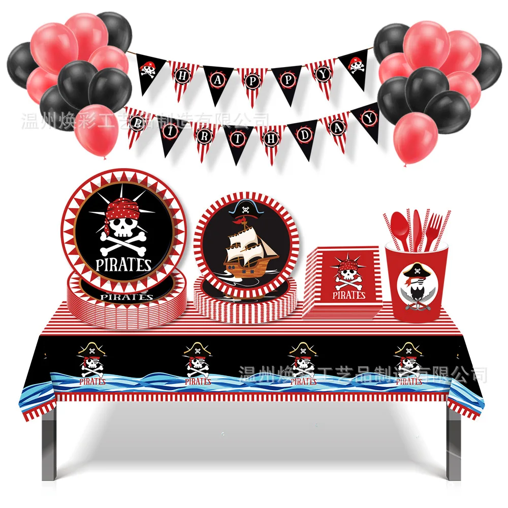 Jednorazowa zastawa stołowa z motywem pirata Czerwony Czarny Papierowy talerz Kubek Serwetka Chłopiec Cosplay Poszukiwanie skarbów Motyw Urodziny Party Decor Supplies