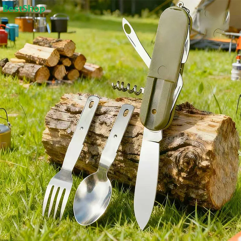 

♥❀Camping Multi-Tool Set with Stainless Steel Cutlery,7-in-1 Pocket Knife & Spoon Fork Utensils for Outdoor Hiking & Picnic