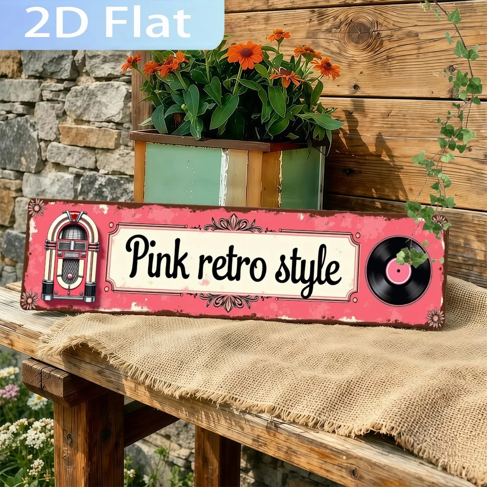 2D Flat - A Vintage-Inspired Sign in a Pink Retro Design Featuring a Jukebox And Record,This Piece Is Perfect for Home Decor