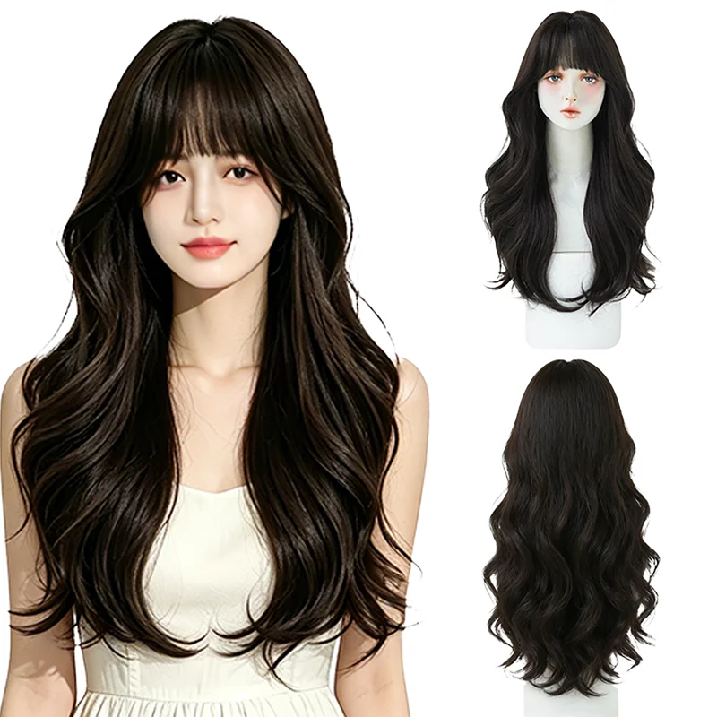 #1B Black Brown Long Wavy Wig with Bangs Natural Soft Black Layered Wavy Wig For Women Heat Resistant Synthetic Daily Use Wig
