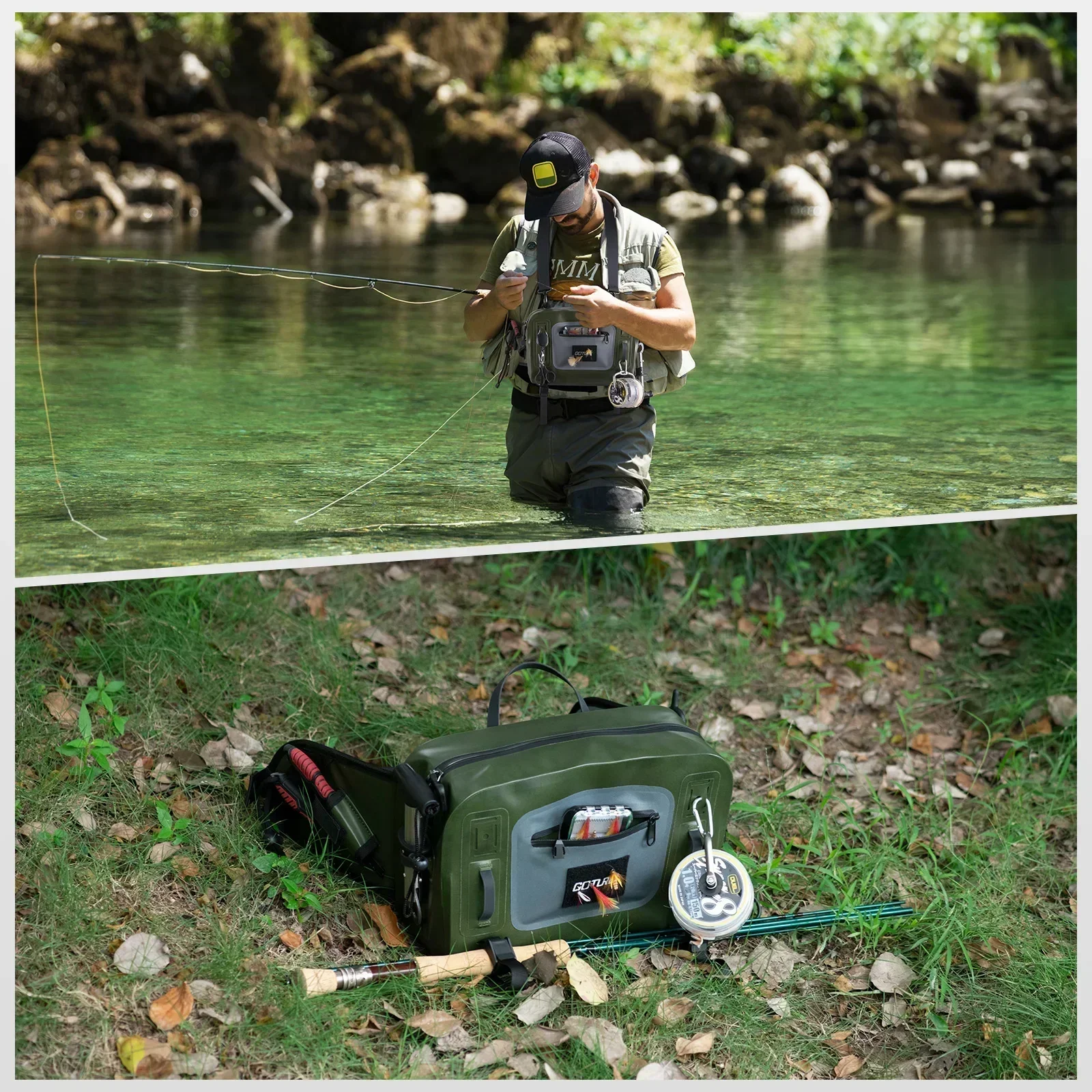 Goture Fishing Bag Waterproof Multifunctional Portable Waist Pack Durable Fishing Backpack with Rod Holder Sling Shoulder Bag