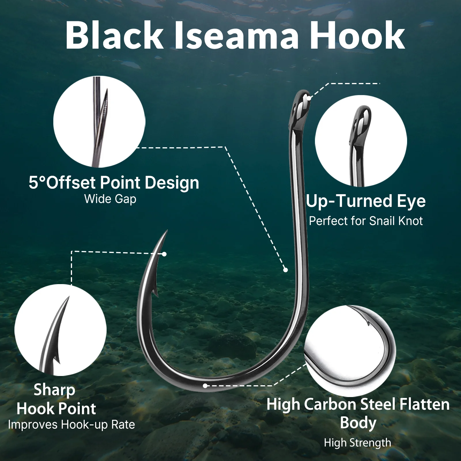 9KM Iseama Fishing Hook 50pcs Fishing Circle Hook Offset Carp Hook Freshwater Fishing Strong Needle Point Barbs Ringed Eye Hook