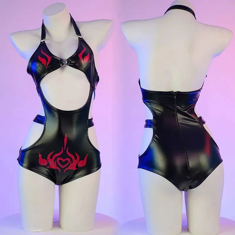 

Sexy Hot Flame Girl Bodysuit Swimsuit Women Sexy Cosplay Assassin Demon Slayer Leather Jumpsuit Swimwear Flame Print Costume