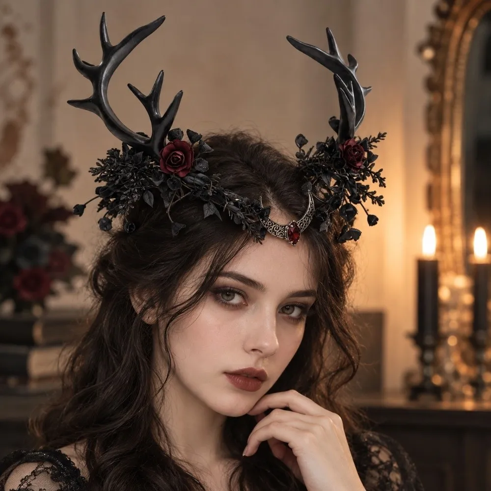 Elegant Vintage Antler Crown Gothic Style Handmade Hair Crown Adjustable Ribbon Cosplay Headpiece Halloween Cosplay Wear