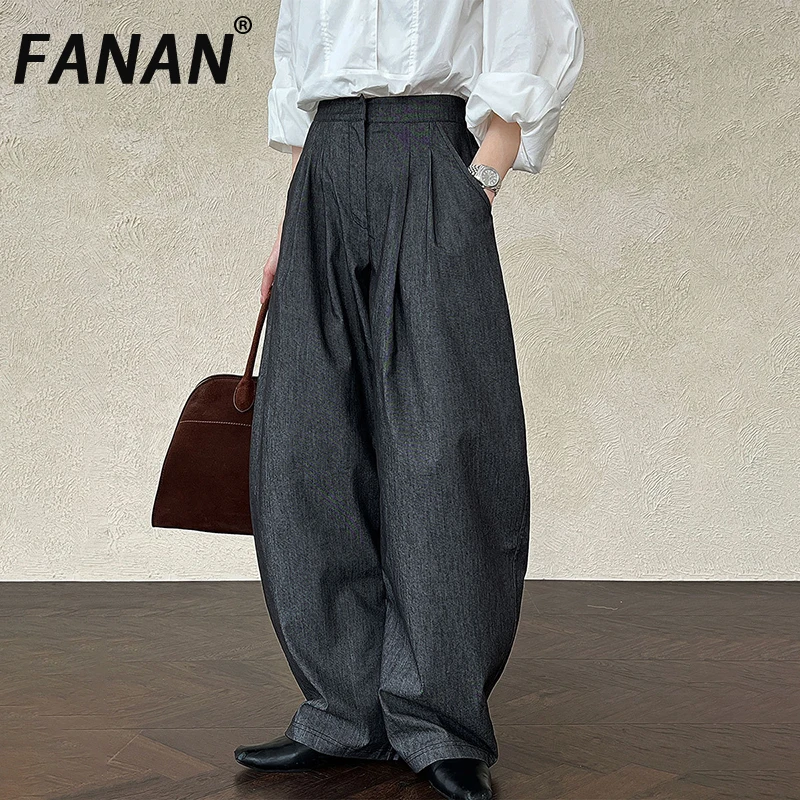 

FANAN Office Lady Pleated Wide Leg Pants For Women High Waist Straight Loose Trousers Fashion Female Clothing 2025 Autumn New