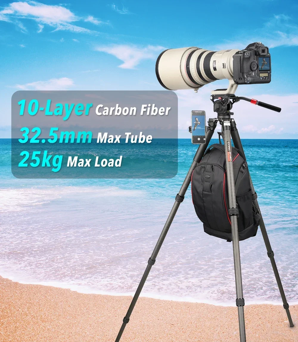 ET7C Carbon Fiber Tripod 32.5mm Tube Professional Heavy Duty Tripod 25kg Load Bowl Tripod for DSLR Camera Shooting Birdwatching