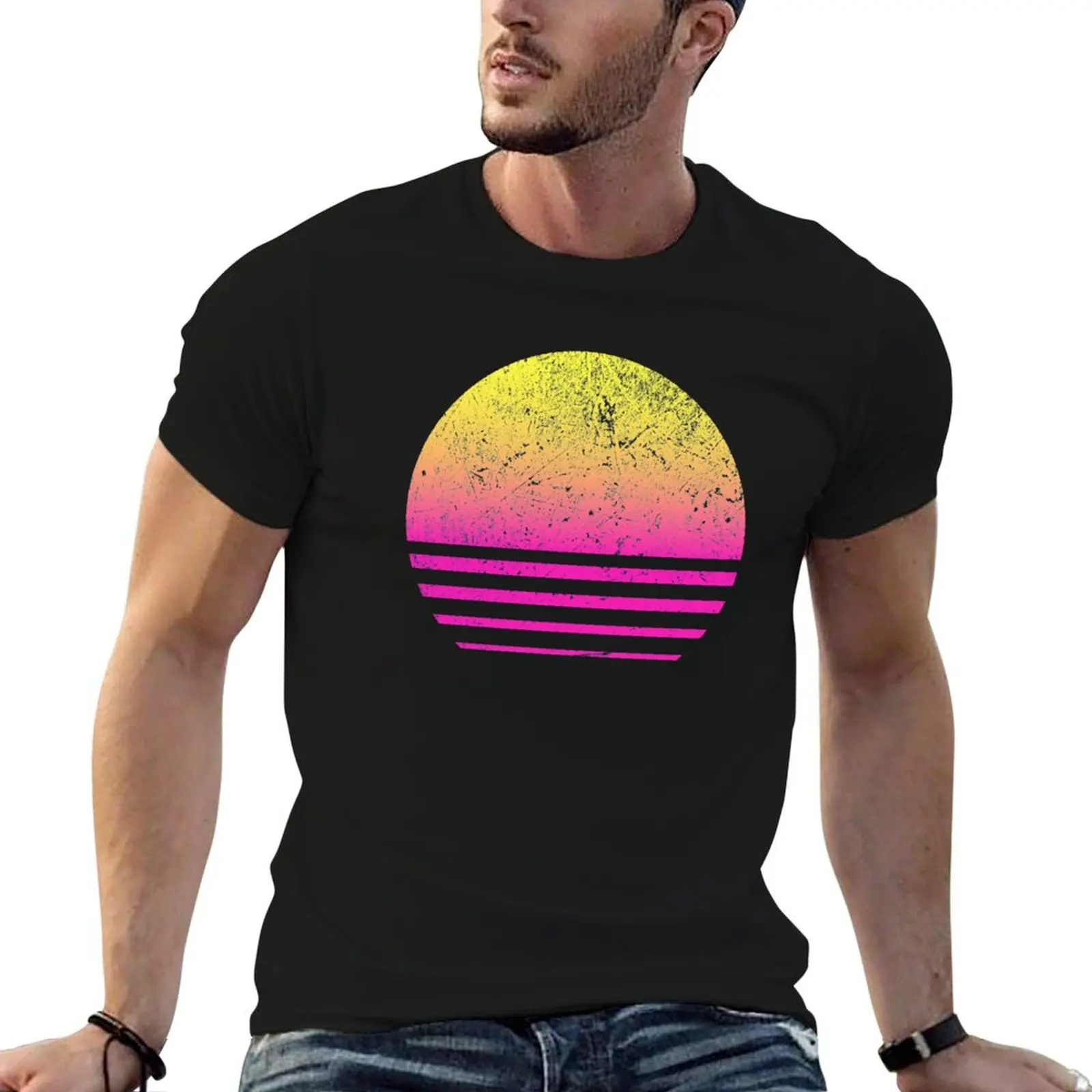 

black man for package t cotton T-Shirt t-shirt shirt man Retro plain Sun heavy cotton Outrun