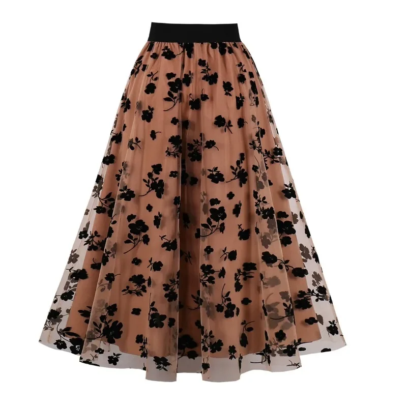 

Korean Mesh Double-layer Plant Velvet Flower Long Skirt Collection Flower Yarn Large Swing Retro Elastic High Waist Tulle Skirts