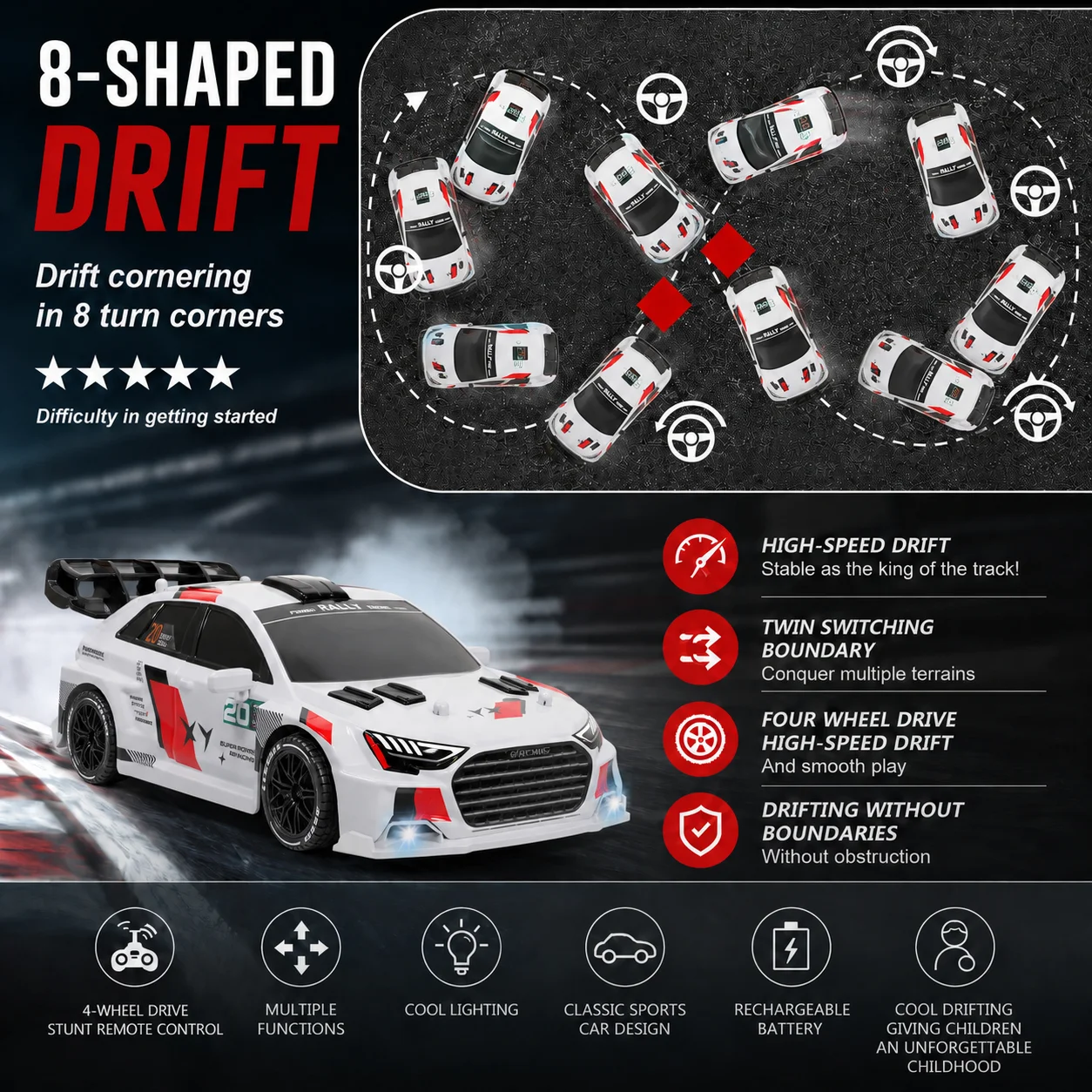 Stunt RC Car, Precise Control, Dual Drift Modes, 1:24 Scale Black, Indoor Outdoor Play, Kids Entertainment