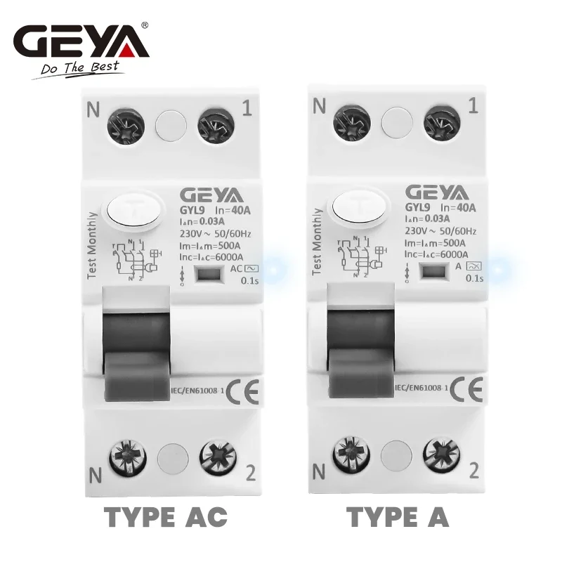 Disjoncteur différentiel magnétique de type AC et type A 2P 40A 30MA, disjoncteur différentiel AC ELCB GEYA GYL9