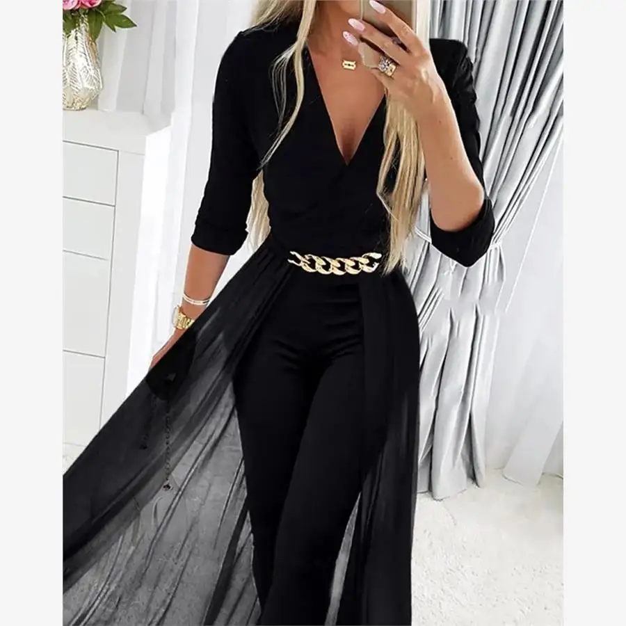V-Neck Sheer Mesh Overlay Chain Decor Jumpsuit High Waist Long Pants Street Style Diamond Embellished Regular Thickness