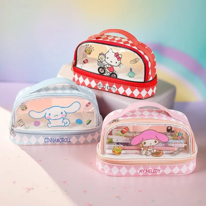 Cinnamoroll & Kuromi Klarer 2-lagiger Organizer – Kosmetiktasche mit großem Fassungsvermögen für Schule/Toilettenartikel, wasserdichte Aufbewahrungstasche