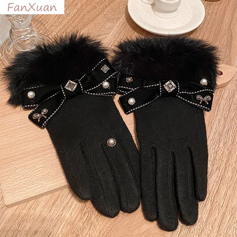 Elegant Black Grey Gloves for Women Autumn Winter Rabbit Fur Gloves Bowknot Plush Touch Screen Female Gift