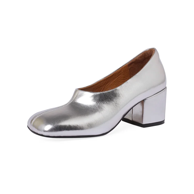 Women Pumps Cow Leather Metal  Shoes Woman Square Toe Spring  Autumn Pumps On Thick Heel 7CM Modern Silver Pumps Size 42