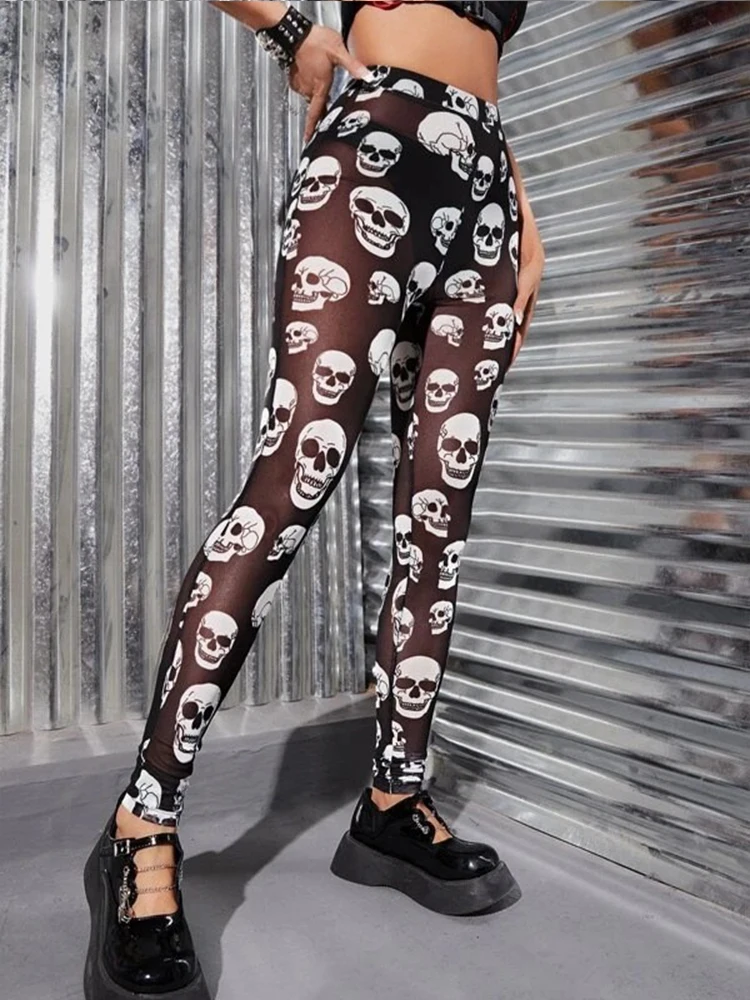 Persoonlijkheid Schedelprint Vrouwen Gaas Legging Zomer Dunne Stretch Hottie Punk Rock Abstracte Kunst Stijl Cropped Broek Groothandel