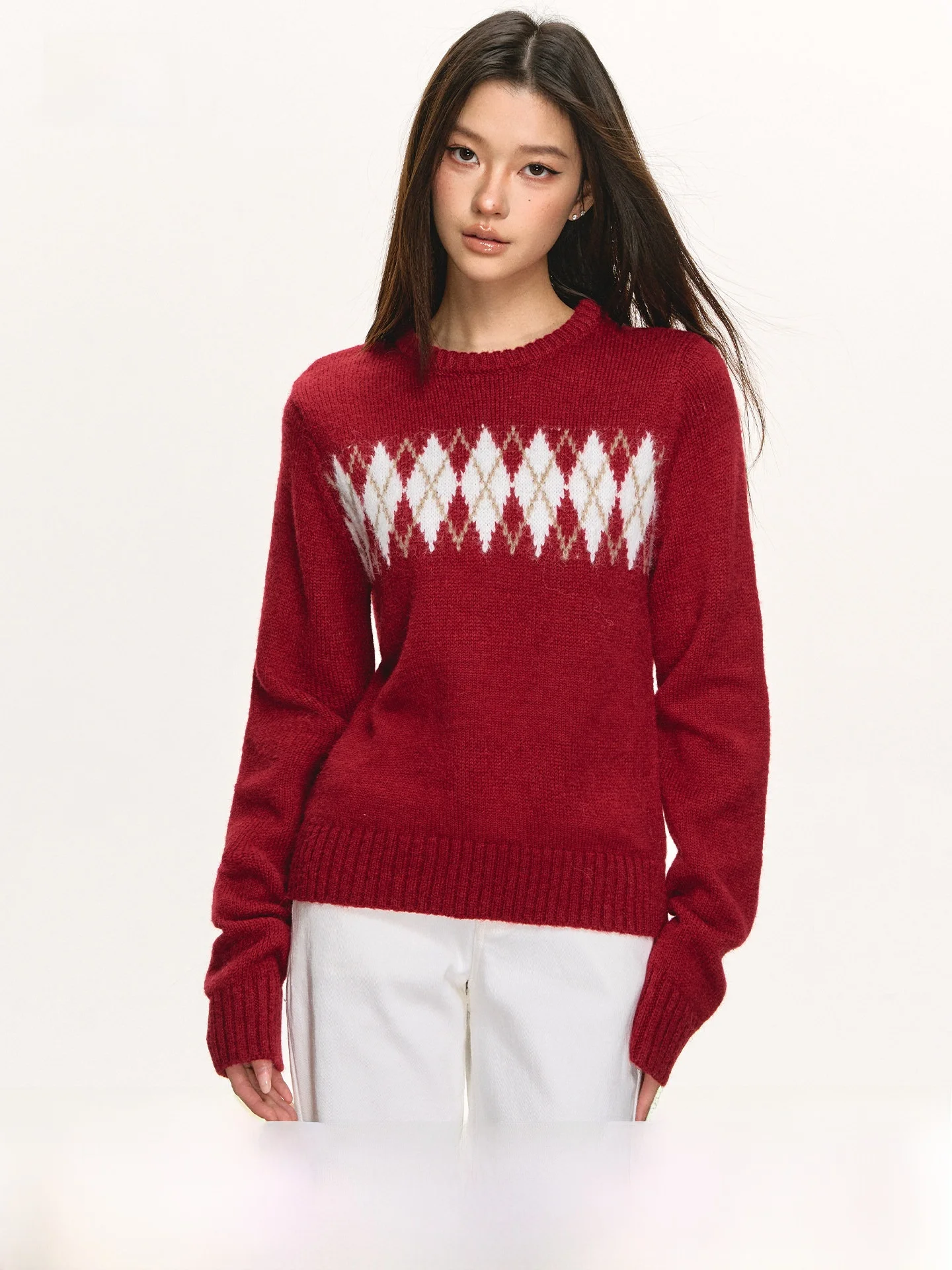 

Anna Aneae New Year Red Diamond id Women's Knitted Sweater round Ne Warm Inner Wear Casual Sle Long Sve Straight Cut