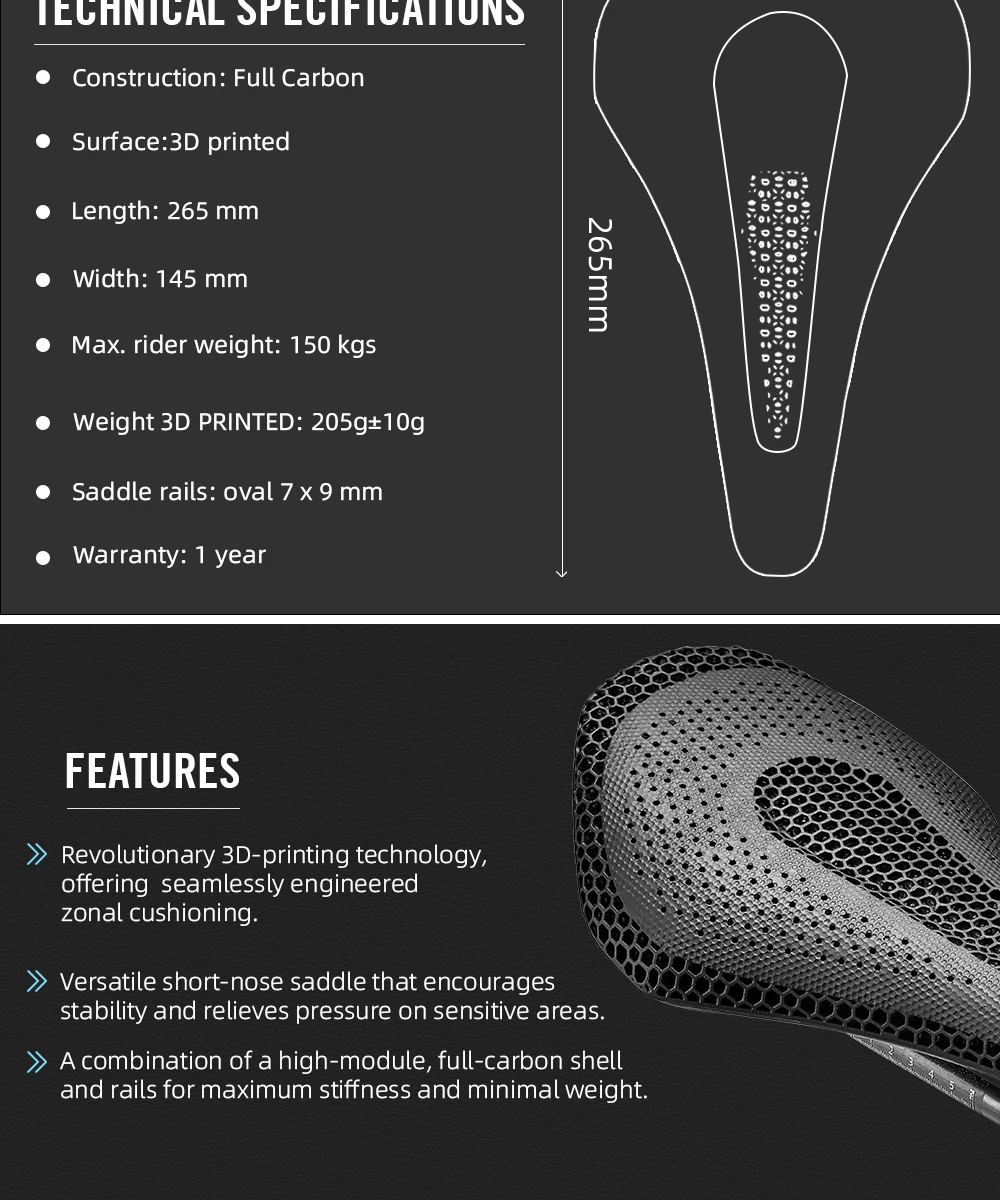 2026 RYET Vollcarbon 3D-Gedruckter Fahrradsattel 205g Hochmodul-Fahrradsitz für MTB Mountainbike-Sitz 145mm Polster – Detail 3