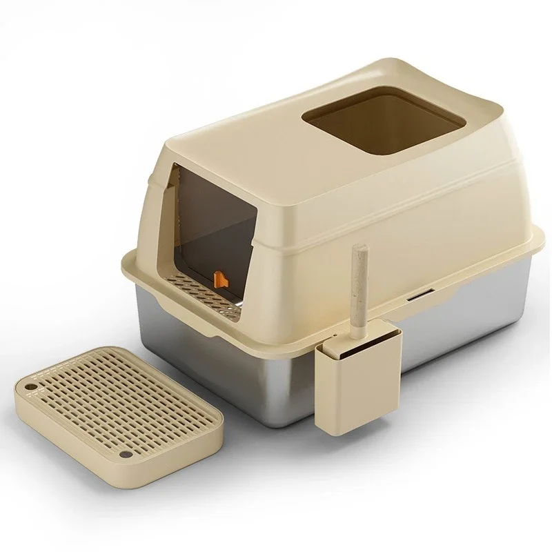 Cat litter box, fully enclosed top-in, oversized cat litter box, stainless steel cat litter box, fully enclosed, splash-proof