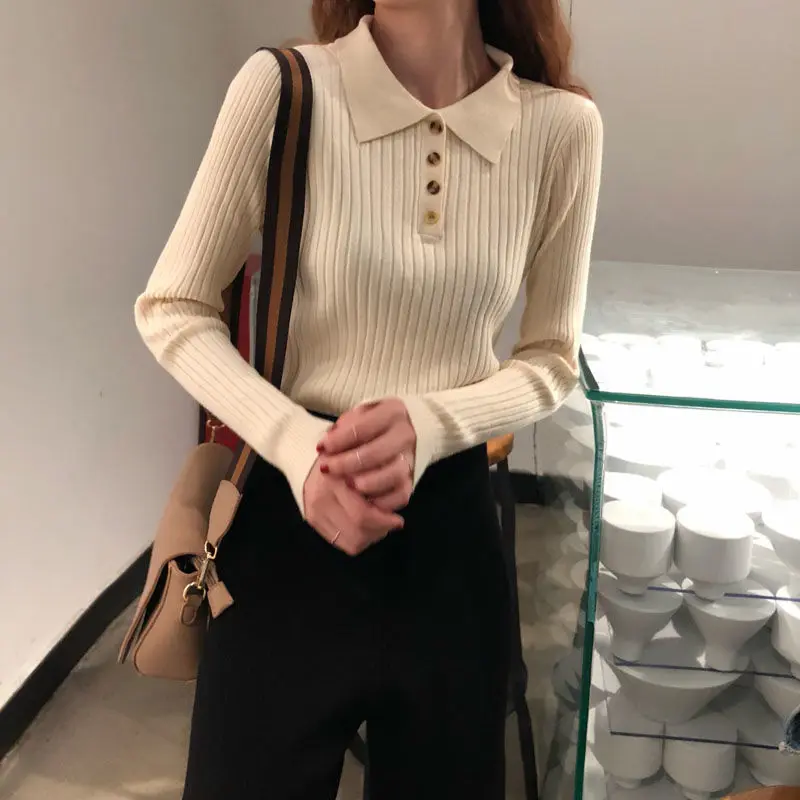 Rimocy Korean Style Women Knitted Sweater 2024 Autumn Button Long Sleeve Sweaters Woman Turn Down Collar Ribbed Pullover Female