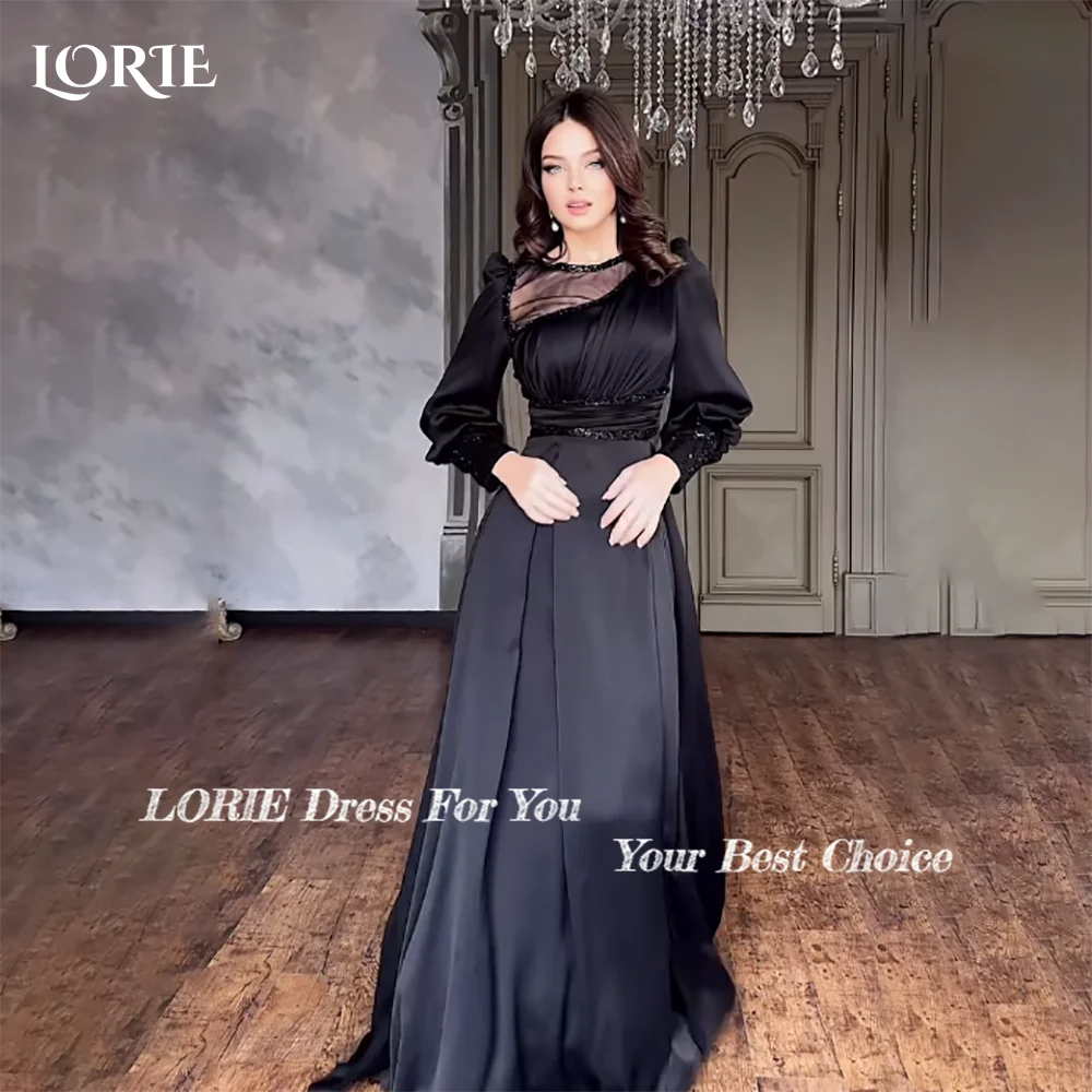 LORIE Black Slit Saudi Formal Evening Dresses with Pocket Long Sleeves A-Line Prom Dress Illusion Shoulder for Women Party Gowns