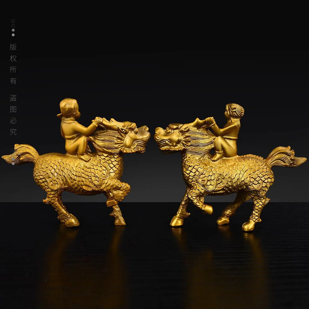A Pair Of Chinese Brass Kylin Qilin Statue Boy & Girl Figurine With Gold Ingot & Ruyi Scepter For Fertility Luck & Wealth