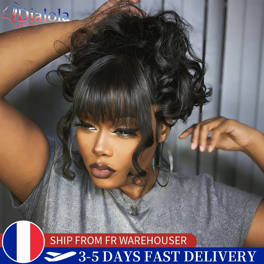 Perruques en cheveux humains ondulés DialolaWig avec frange, perruque brésilienne entièrement fabriquée à la machine avec frange, cheveux humains Remy longs et naturels pour femmes