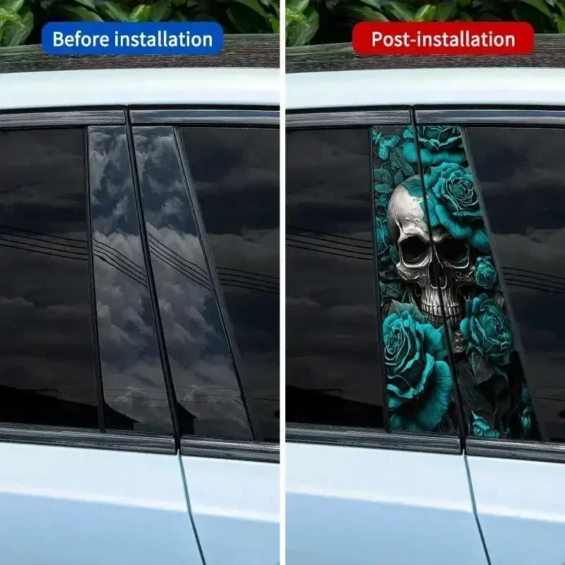 2-Piece Turquoise Skull Car Sticker Set - Premium Waterproof Vinyl. Ideal for Door Pillar, Scratch Covering & Trim Decoration。