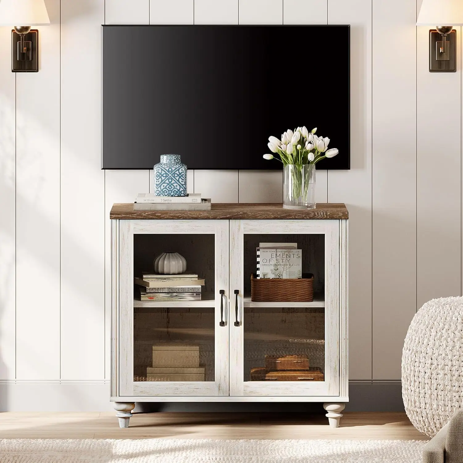 Farmhouse TV Stand for TVs Up to 43 inch, Glass Wood Universal TV Stand with a Large Storage Cabinets, Customized