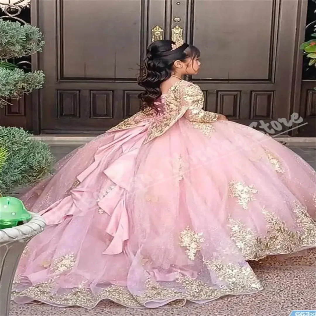 

Wedding Fluffy Bow Long Sleeve Gold Luxury Pink Flower Girl Dress For Appliqué Princess Birthday Dress Suitable Formal Events