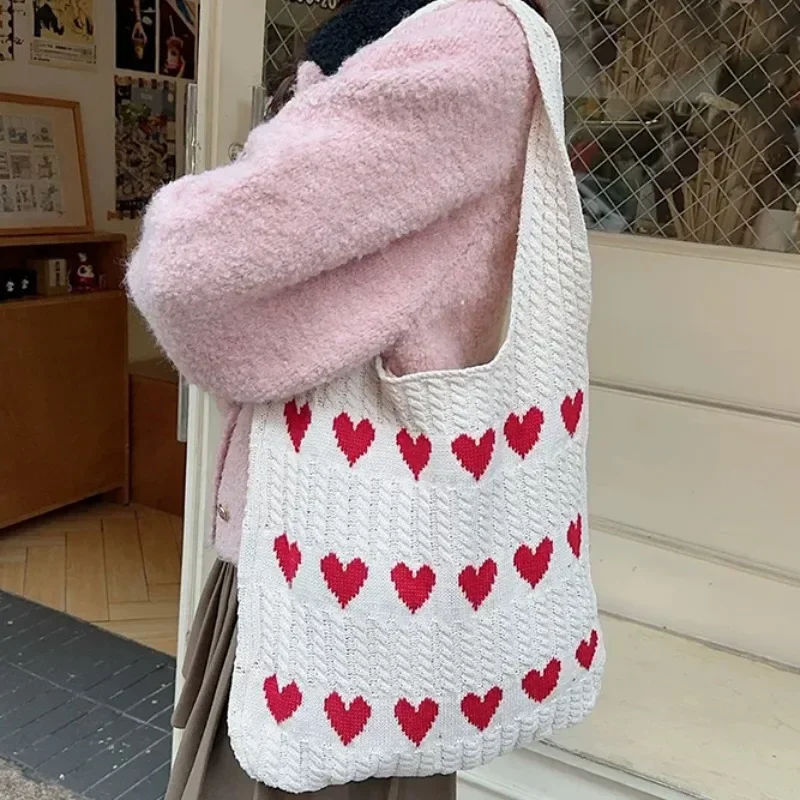 Heart Pattern Knitted Bag Women Girls Red Large Capacity Comfortable Bags Cute Casual Single Shoulder Bag Fashion Accessories