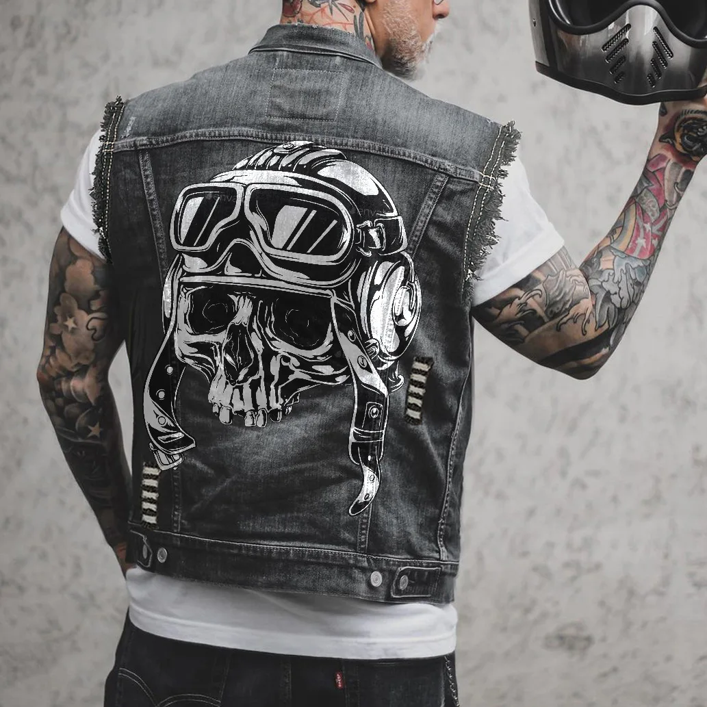 Mens Skull Print moto Biker Denim gilet Vintage Cowboy gilet Punk Rock Hole Casual senza maniche Jean Jacket Coat Helmet