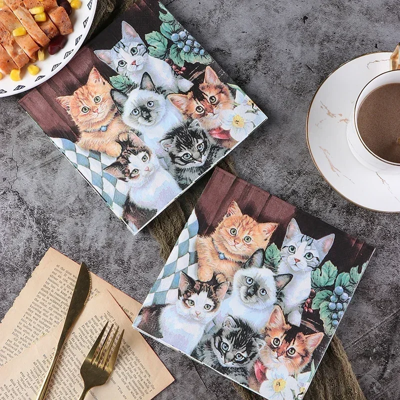 20Pcs 2Ply 33cm Cute Kitten Napkins Watercolor Cat Floral Print Disposable Paper Napkins for Pet Themed Birthday Party Decor