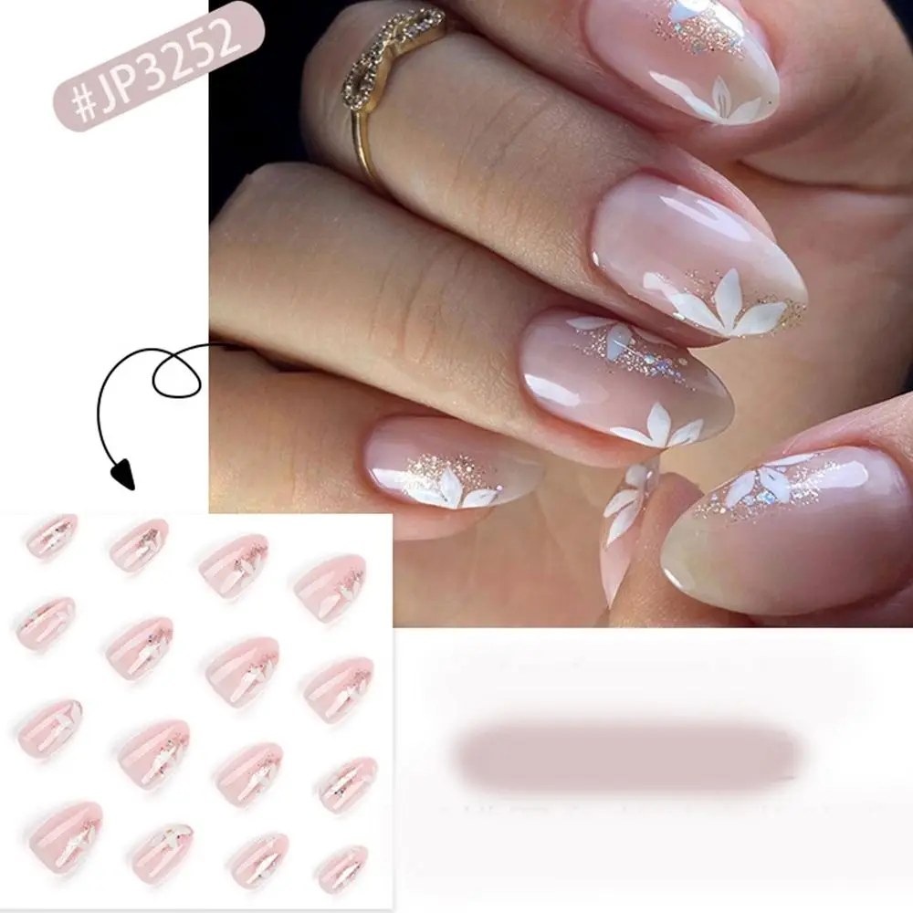 Manicure longo amêndoa unhas falsas francês rosa nuvem imprensa em unhas glitter flores estrela falso nials feminino