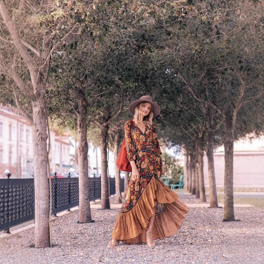 Vestiti Autunnali Donna In Dress V-neck Long-sleeved Hem Pleated Retro Print Vacation Versatile Ropa Mujer Kleider Damen Herbst