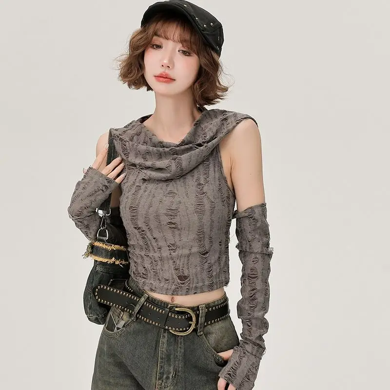 2026 New Style Women's Short Fit Vest Shoulder Bared American Hot Girl Style Outerwear Hole Punching Trendy Casual Top