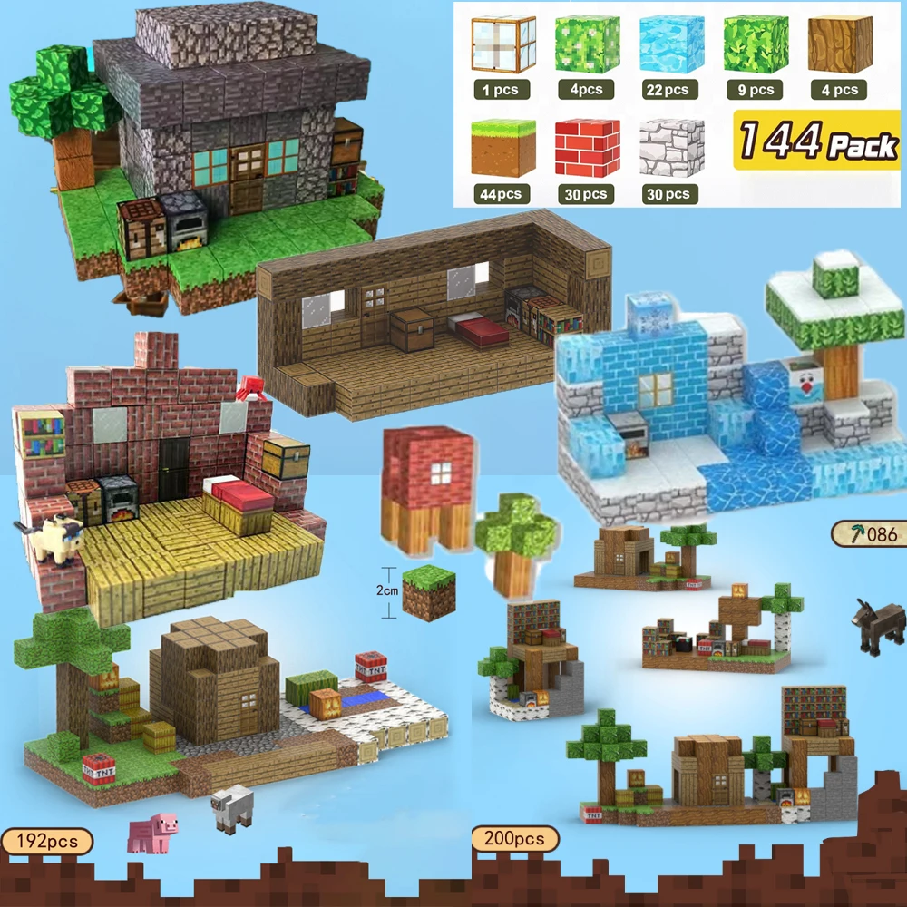 

Магнитные строительные блоки Cube 2X2X2, набор магнитов Mine World, детская игрушка для сенсорного образования, подарки, модель для сборки деревенского коттеджа