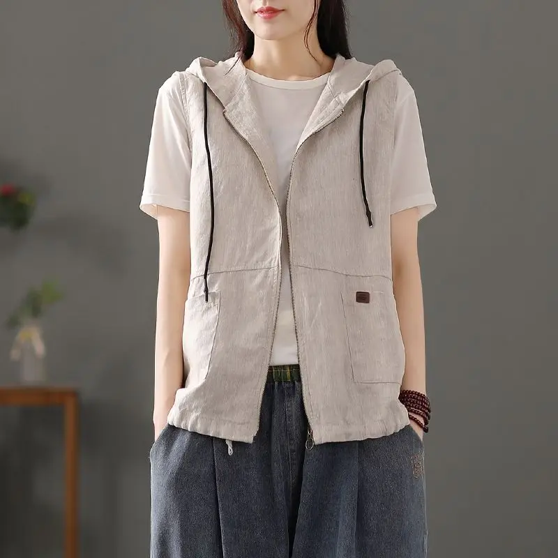 

Vintage Simplicity Summer Cotton Hemp Vest Women's Hooded Solid Color Zipper Pocket Fashion Casual Loose Sleeveless Tanks Tops