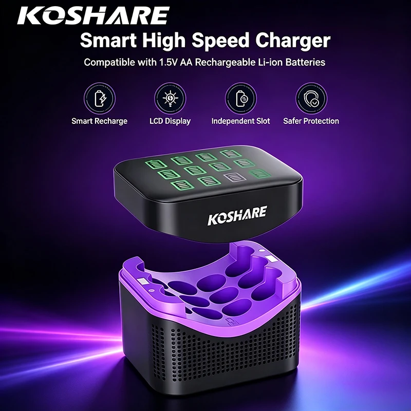 KOSHARE AA 1.5V Smart Battery Charger With LCD Display Type-C Input Fast Charging Compartment For Rechargeable Li-ion Batteries