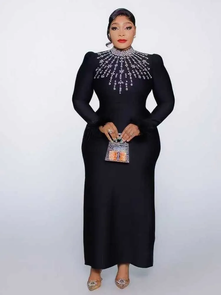 エレガントな黒のイブニングドレス女性のための秋の服ドレスラウンドカラーダイヤモンド付きエレガントシックなボディコンドレス長袖