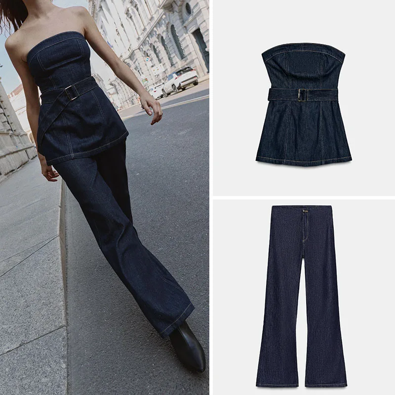 

New Autumn Women's Denim Top with Belt 7484158 407 Denim Jeans 7484161 Ethnic Stage Costume Ladies Fashion Trend